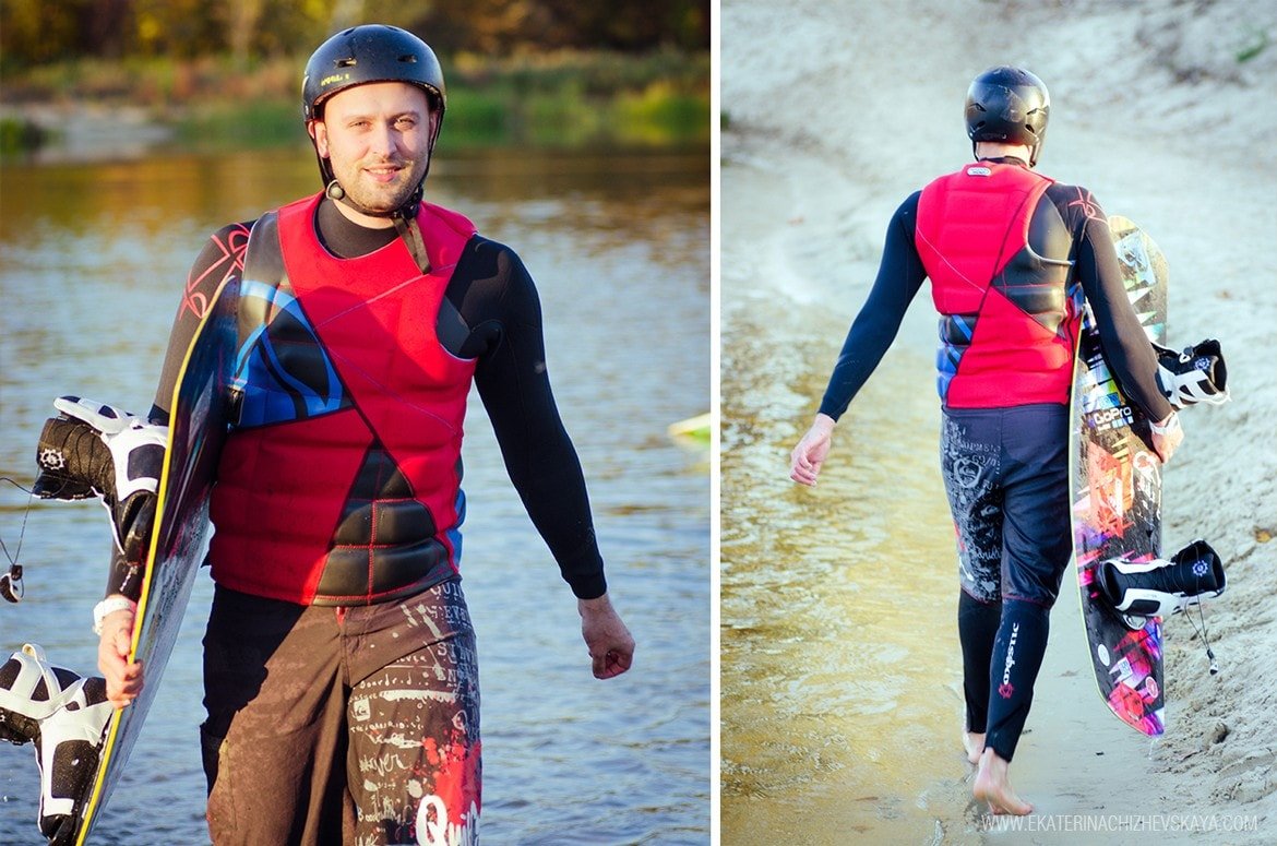 A split image shows a man posing with a wakeboard from the front and walking away from behind.