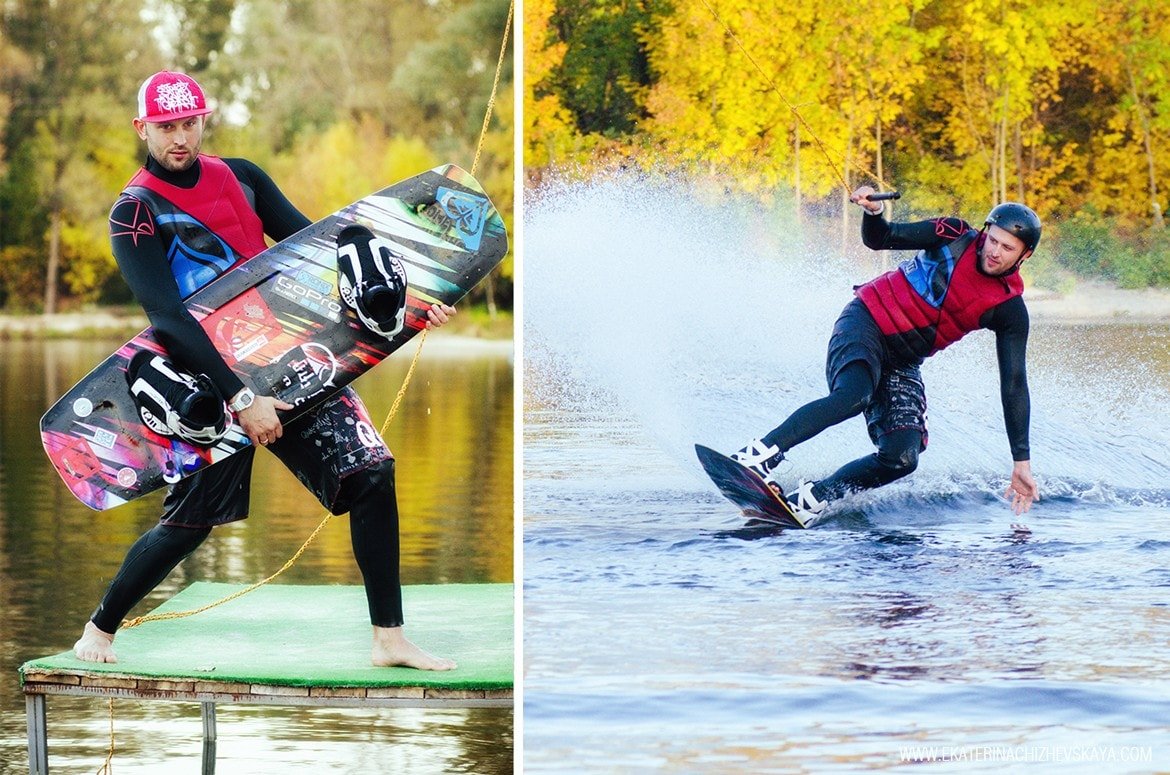 A split image showing a male wakeboarder posing with his board on a wooden dock on the left, and carving through the water leaving a spray against a backdrop of yellow autumn trees on the right.