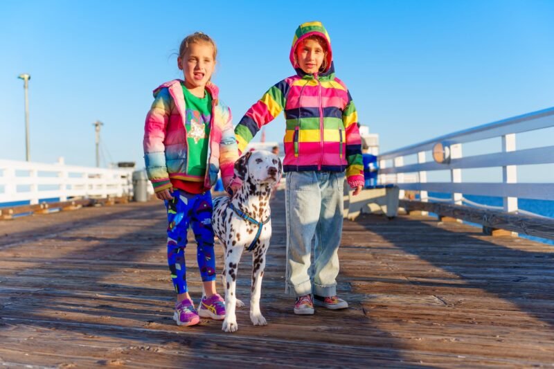 Two young girls in colorful winter jackets standing with a Dalmatian dog on a leash along a wooden ocean pier under a clear blue sky.